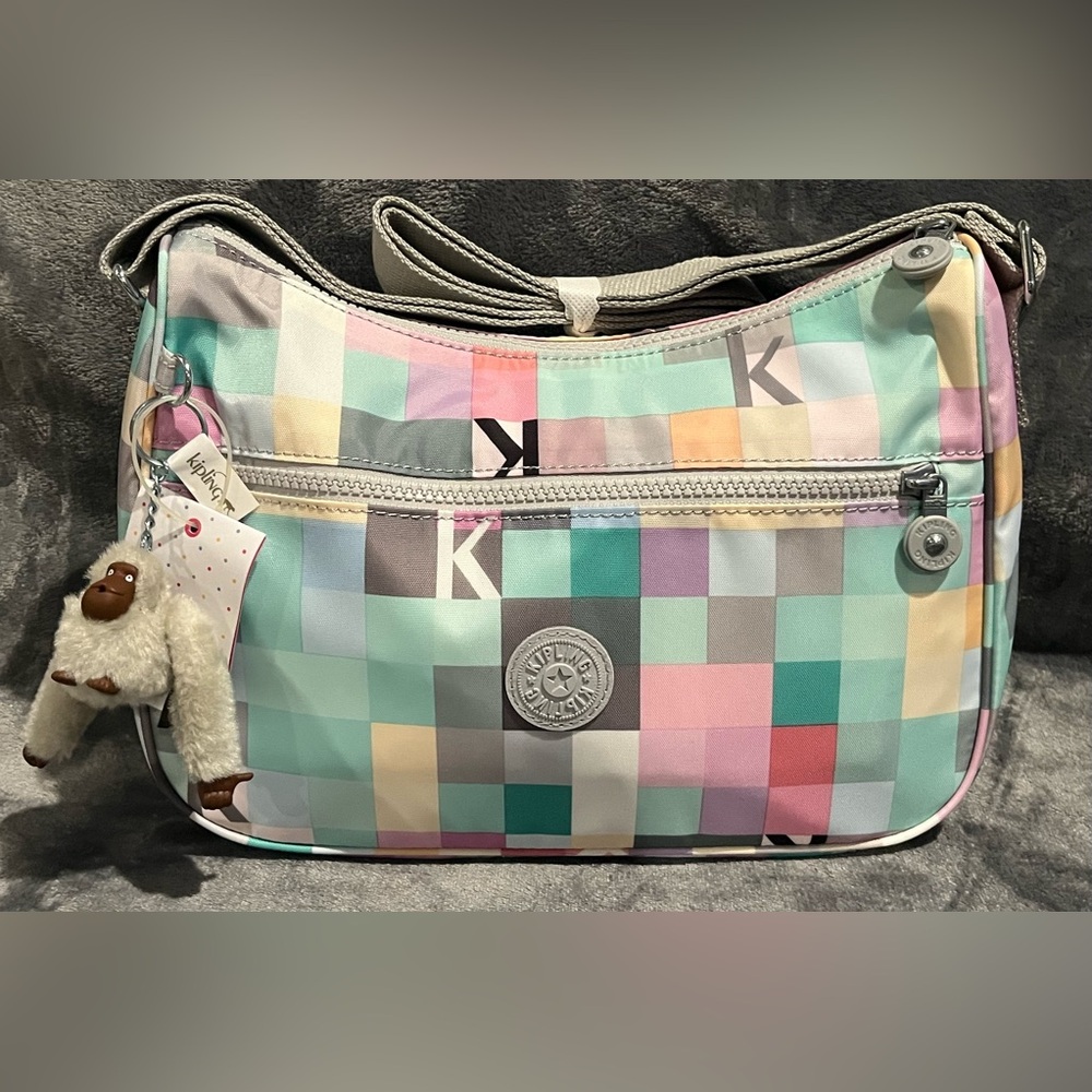 Kipling Pastel Checkered Crossbody Bag Purse with Logo Detail new with tags